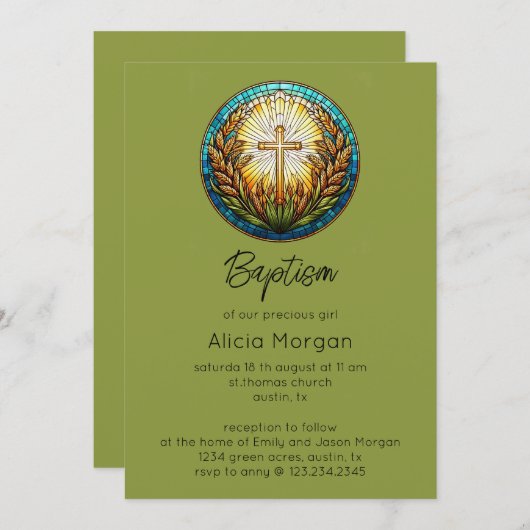 Groen Fractal Cross Baptism Uitnodiging (Voorkant / Achterkant)