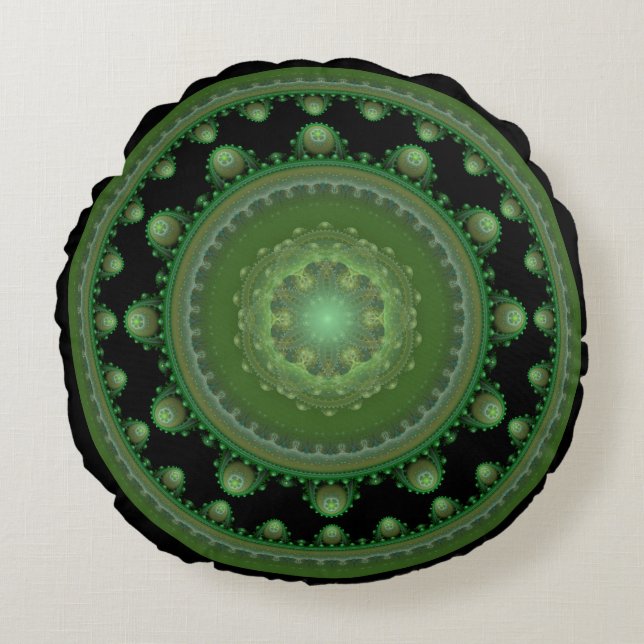 Groen fractal sierlijk patroon ronde kussen (Voorkant)