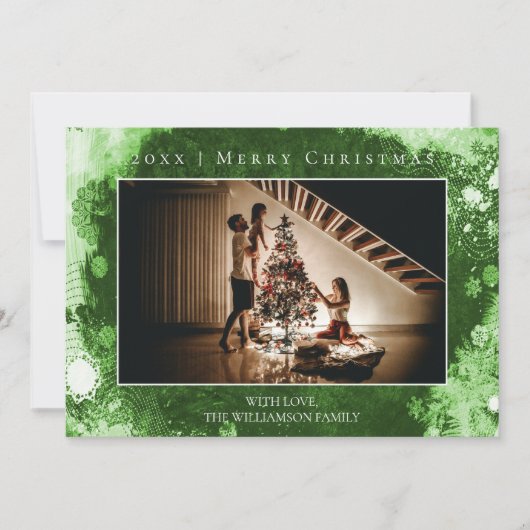 Groen Frosted Sneeuwvlokken Kerstmis Fotokaart Feestdagenkaart (Voorkant)