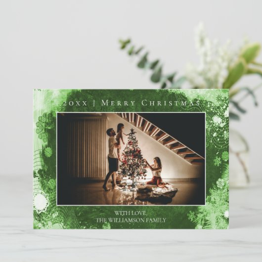 Groen Frosted Sneeuwvlokken Kerstmis Fotokaart Feestdagenkaart (Staand voorkant)