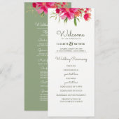 Groen | Fuchsia Floral Waterverf Wedding Programme Kaart (Voorkant / Achterkant)