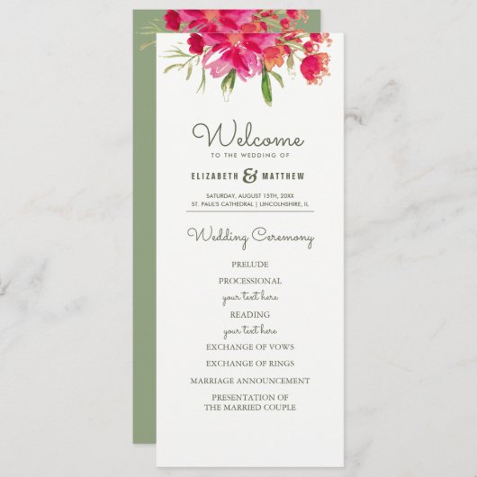Groen | Fuchsia Floral Waterverf Wedding Programme Kaart (Voorkant / Achterkant)