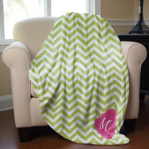 Groen & Fuschia Zigzag Patroon Monogram Fleece Deken
