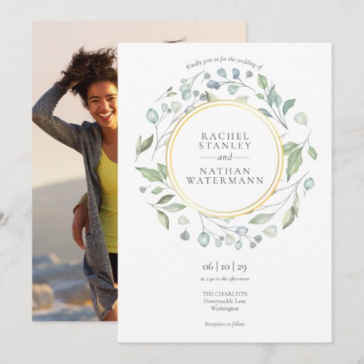 Groen Garland Goud Geometrische Foto Bruiloft Kaart (Voorkant / Achterkant)