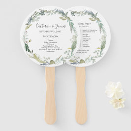 Groen gebladerte aquarel bruiloft ceremonie progra handwaaier
