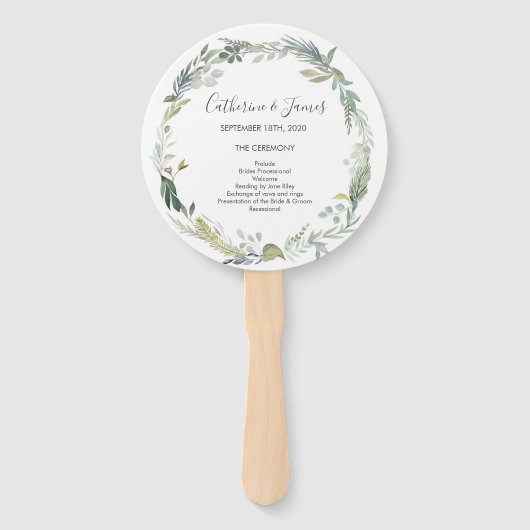 Groen gebladerte aquarel bruiloft ceremonie progra handwaaier (Voorkant)
