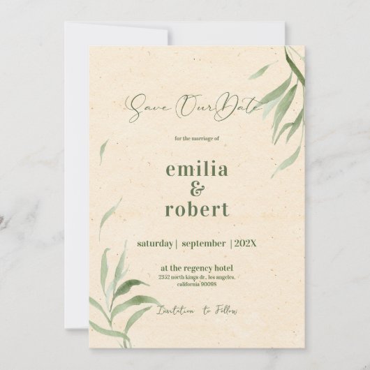 Groen gebladerte, beige ambachtdocument, sparen de kaart (Voorkant)