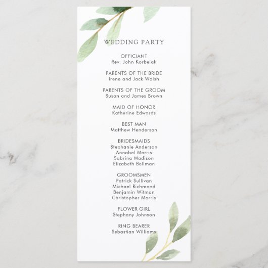 Groen gebladerte botanisch bruiloft programma programmakaart (Achterkant)