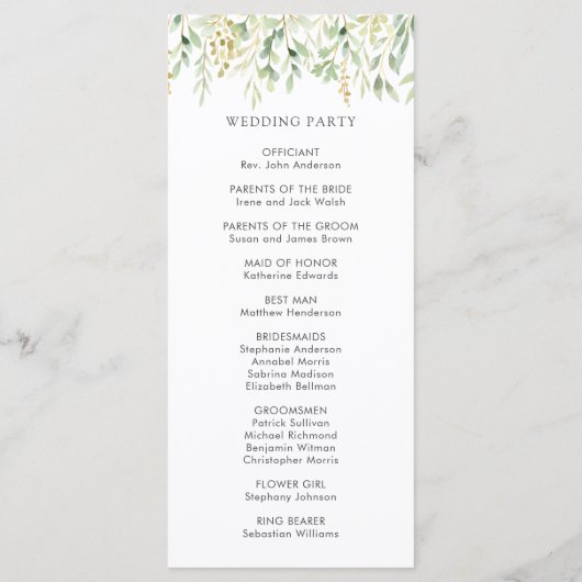 Groen gebladerte botanisch bruiloft programma programmakaart (Achterkant)