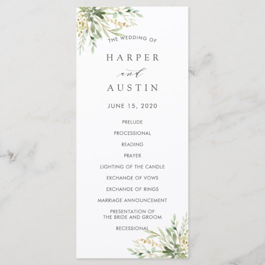 Groen gebladerte botanisch bruiloft programma programmakaart (Voorkant)