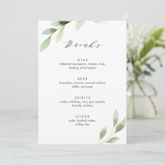 Groen gebladerte botanische bruiloft bar Drinken Menu (Staand voorkant)