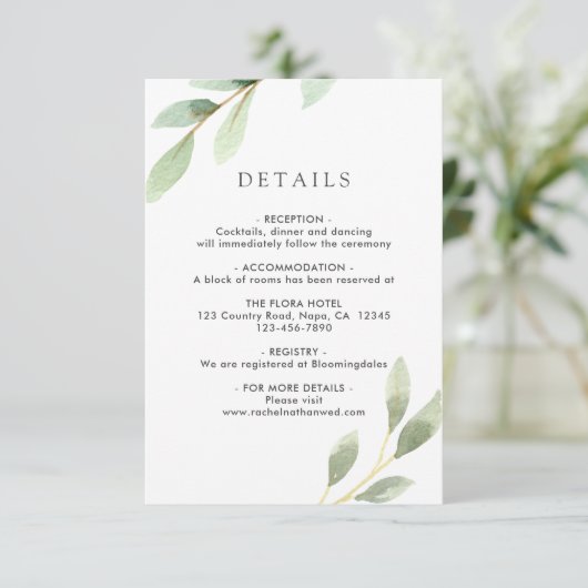 Groen gebladerte botanische bruiloft details informatiekaartje (Staand voorkant)