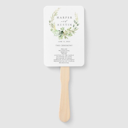 Groen gebladerte botanische krans bruiloft program handwaaier (Voorkant)