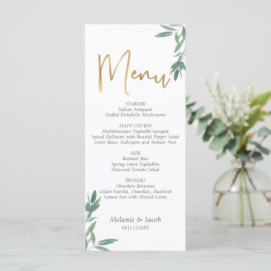 Groen gebladerte bruiloft plat menu (Staand voorkant)