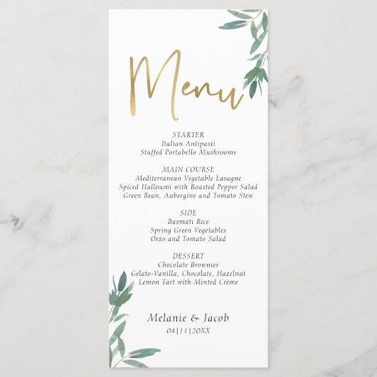 Groen gebladerte bruiloft plat menu (Voorkant)