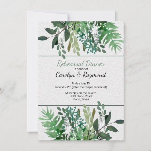 Groen gebladerte bruiloft repetitie diner kaart (Voorkant)