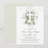 Groen gebladerte Cross Baby doopuitnodiging Kaart (Voorkant / Achterkant)