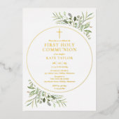 Groen gebladerte eerste heilige communie goud folie uitnodiging (Voorkant)