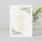 Groen gebladerte eerste heilige communie goud folie uitnodiging (Staand Voorkant)