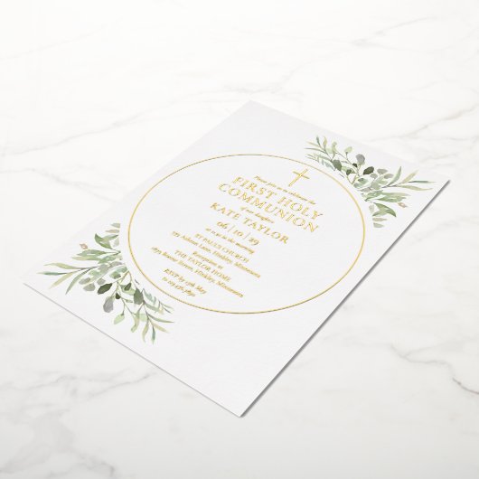 Groen gebladerte eerste heilige communie goud folie uitnodiging (Gedraaid)