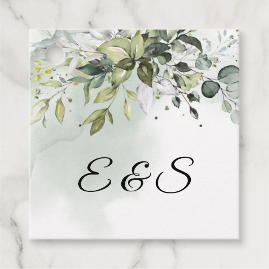 Groen gebladerte eucalyptus bladeren initialen bedankjes labels (Voorkant)