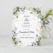 Groen gebladerte eucalyptus laat goud achter behal save the date (Staand voorkant)