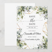 Groen gebladerte eucalyptus laat goud achter behal save the date (Voorkant / Achterkant)