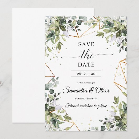 Groen gebladerte eucalyptus laat goud achter behal save the date (Voorkant / Achterkant)