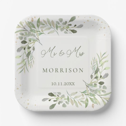 Groen gebladerte Eucalyptus verlaat bruiloft Papieren Bordje (Voorkant)