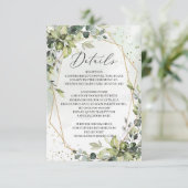 Groen gebladerte goud geometrische bruiloft detail informatiekaartje (Staand voorkant)