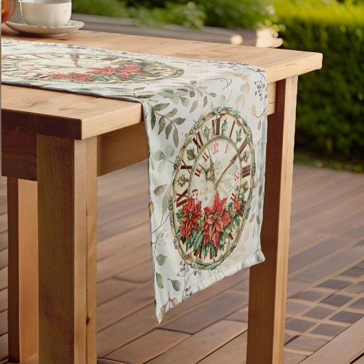 Groen gebladerte, klok met poinsettia korte tafelloper