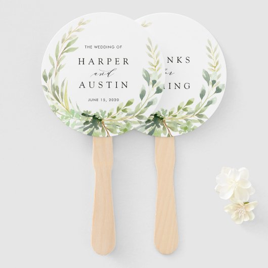 Groen gebladerte krans botanische bruiloft handwaaier (Voorkant en achterkant)