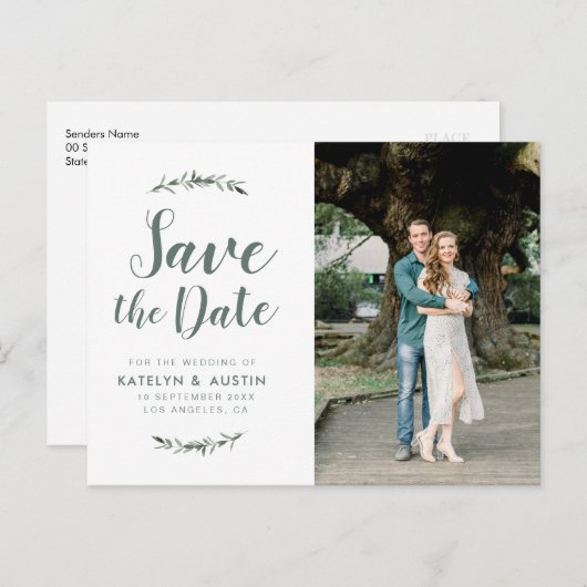Groen gebladerte Modern script bruiloft Save the d Briefkaart (Voorkant / Achterkant)