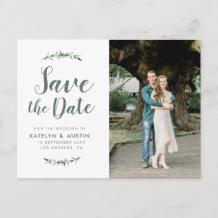 Groen gebladerte Modern script bruiloft Save the d Briefkaart