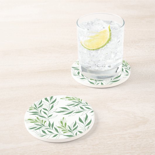 Groen gebladerte patroon Elegant groen en wit Zandsteen Onderzetter (Zijkant)