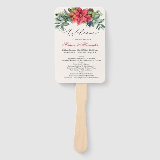 Groen gebladerte Poinsettia Wedding Program Handwaaier (Voorkant)