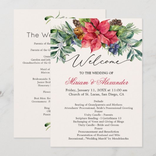 Groen gebladerte Poinsettia Wedding Program Kaart (Voorkant / Achterkant)
