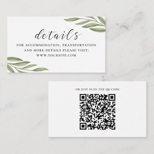 Groen gebladerte script bruiloft details + QR code Informatiekaartje (Voorkant / Achterkant)