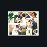 Groen gebladerte trouwdag fotografie collage canvas afdruk<br><div class="desc">Groen & Goud Bladgroen met Custom Monogram Initiaal Letter -Stijlvol en mooi met uw 5 trouwdag fotografie afbeeldingen - Custom keepsake collage gewikkeld canvas met kleur blokontwerp in groen, beige en goud - met uw monogram initiaal letter, en 5 trouwdag afbeeldingen! Het is leuk om te creëer, en ik heb...</div>