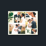 Groen gebladerte trouwdag fotografie collage canvas afdruk<br><div class="desc">Groen & Goud Bladgroen met Custom Monogram Initiaal Letter -Stijlvol en mooi met uw 5 trouwdag fotografie afbeeldingen - Custom keepsake collage gewikkeld canvas met kleur blokontwerp in groen, beige en goud - met uw monogram initiaal letter, en 5 trouwdag afbeeldingen! Het is leuk om te creëer, en ik heb...</div>