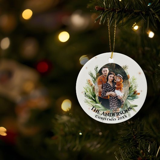Groen gebladerte verlaat familiefoto Vrolijk kerst Keramisch Ornament