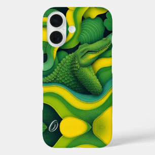 Groen Geel Alligator Krokodil Draak Monogram iPhone 16 Hoesje