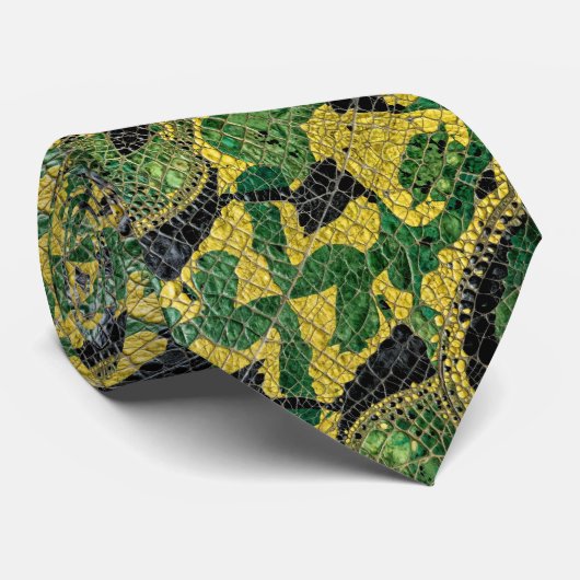 Groen Geel Alligator Krokodil Draken Leer Stropdas (Opgerold)