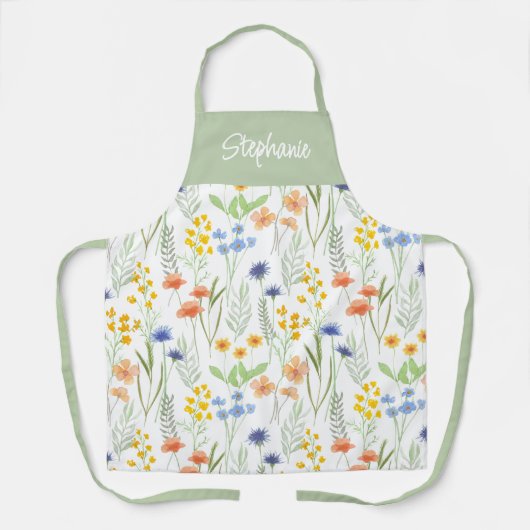 Groen Geel Aquarel Wilde Bloem Eigen Naam Schort (Voorkant)