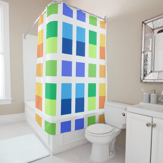 Groen Geel Blauw Minimale Vierkantjes Douchegordijn (In situ)