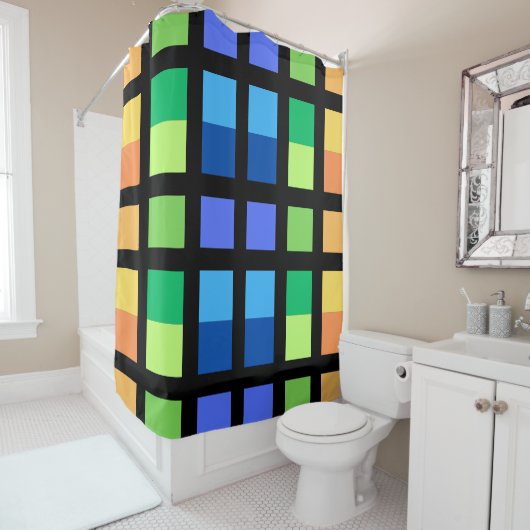 Groen Geel Blauw Minimale Vierkantjes Douchegordijn (In situ)