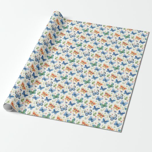 Groen Geel Blauw Vlinders en Bloemen Cadeaupapier (Uitgerold)