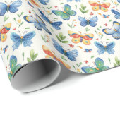 Groen Geel Blauw Vlinders en Bloemen Cadeaupapier (Rol Hoek)