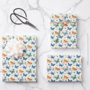 Groen Geel Blauw Vlinders en Bloemen Inpakpapier Vel
