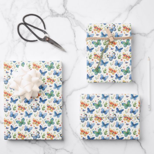 Groen Geel Blauw Vlinders en Bloemen Inpakpapier Vel (Voorkant)